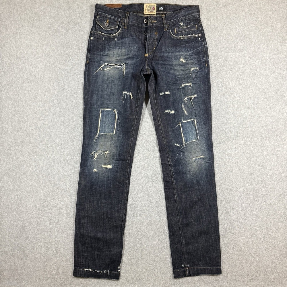 Dolce & Gabbana D&G Straight Leg Jeans Mens 32x34 Dark Wash Thrashed Shredded